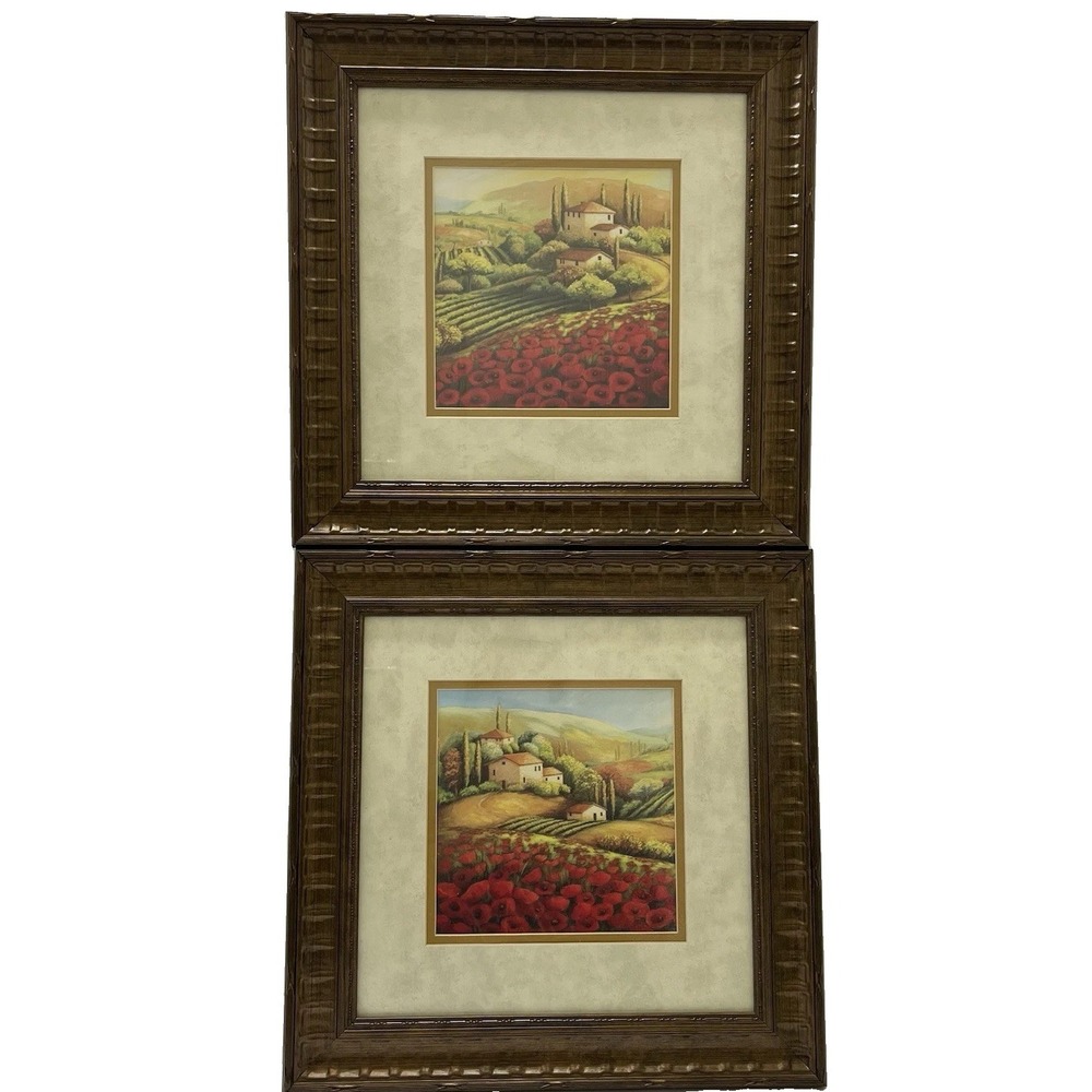 Tuscany Poppy Field Framed Prints Set Of 2 Brown Wooden Frames 15x15"